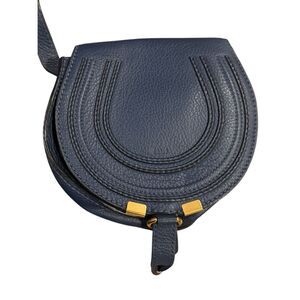Auth Chloe Marcie Mini Navy Blue Leather Saddle Crossbody Bag Gold Accents
